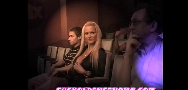  Sharon Pink lets strangers play under her boyfriend’s eyes - Cuckold in Cinema